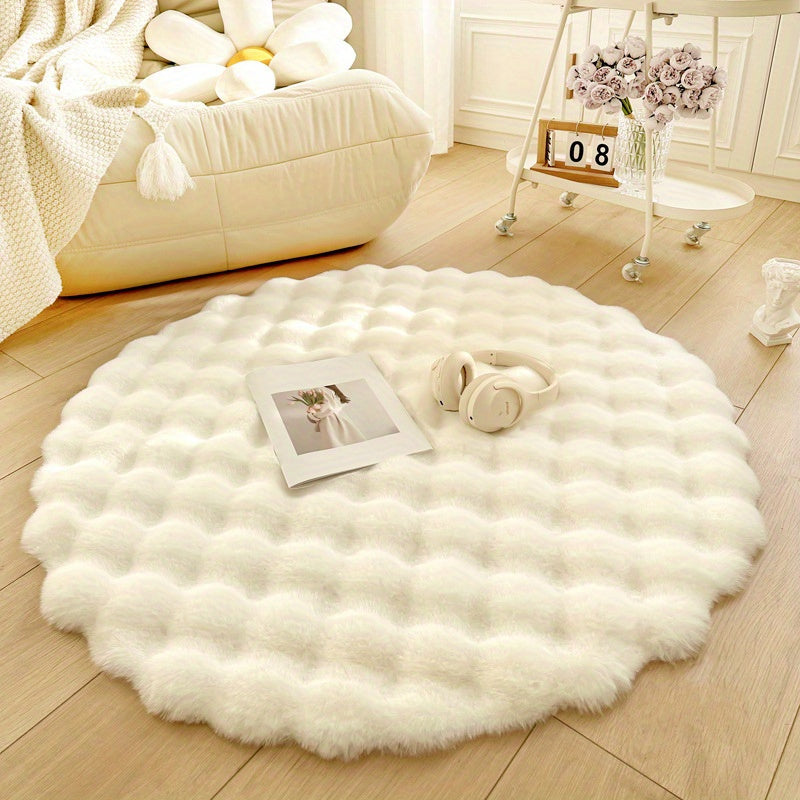 Plush Round Rug Made from Luxurious Cream Rabbit Fur - Ideal for Single Sofa, Living Room Coffee Table, Vanity & Bedside Décor, Cozy Carpet for Lazy Days