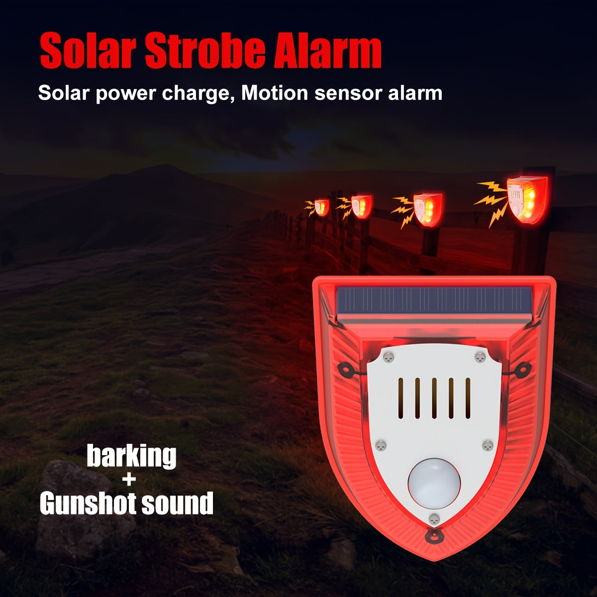 Solar-powered security alarm with motion sensor, 129dB siren, dog barking sounds, 6 red LED lights, rechargeable 400mAh battery, infrared detection for home, yard, farm, barn.