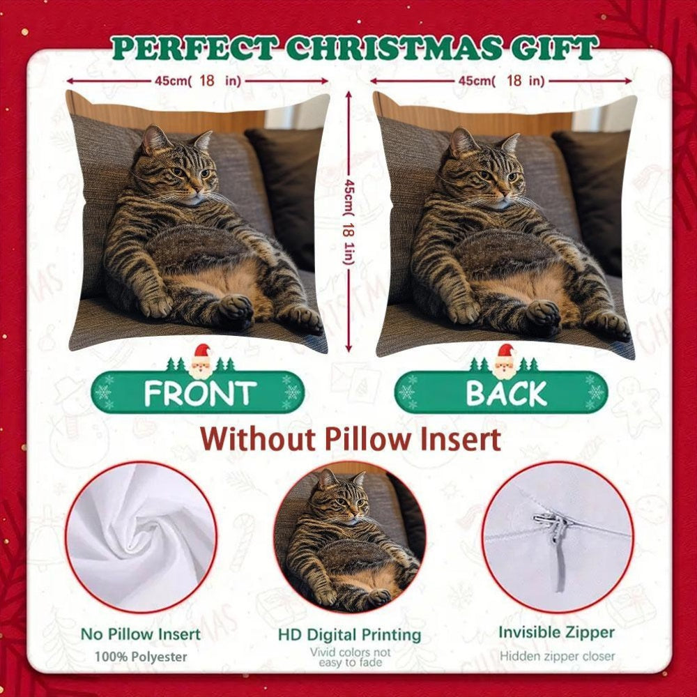 Whimsy Winter Fat Cat Pillow Case - Double-Sided Polyester Fiber Cushion Cover for Christmas Sofa, Festive Home Party Decor. Does not include insert.