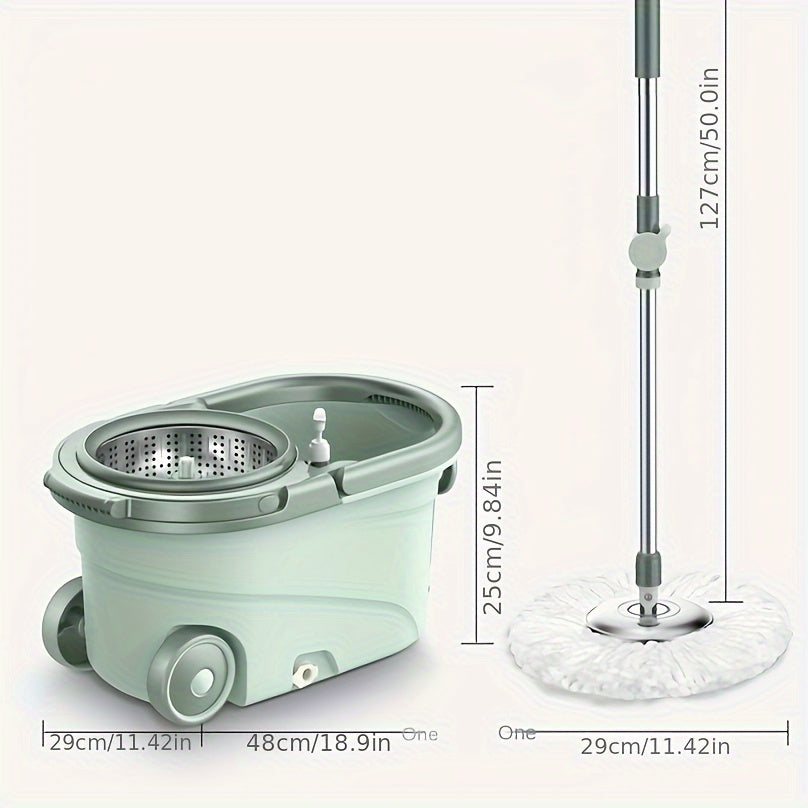 Introducing the Aoran Stainless Steel Spin Mop and Bucket Set, a must-have for hands-free washing. Its dual-drive rotating design makes cleaning hardwood, laminate, and tile floors a breeze. This versatile set can be used for both wet and dry cleaning