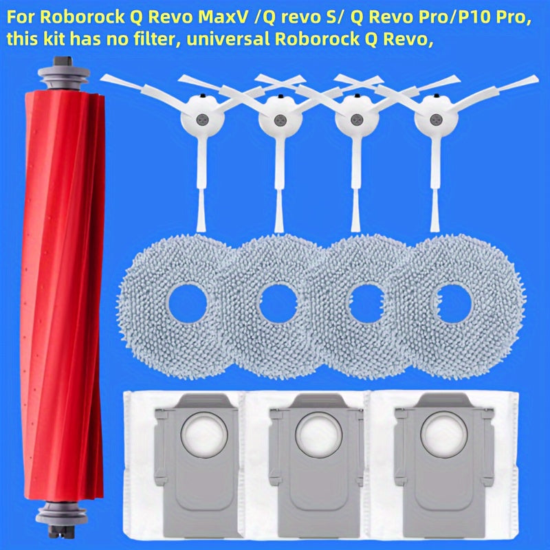 This bundle includes 12 sets of replacement parts for Roborock Q Revo Maxv/Q Revo S/Q Revo Pro/P10 Pro. It includes 1 main brush roller, 4 mop pads, 3 dust bags, and 4 side brushes.