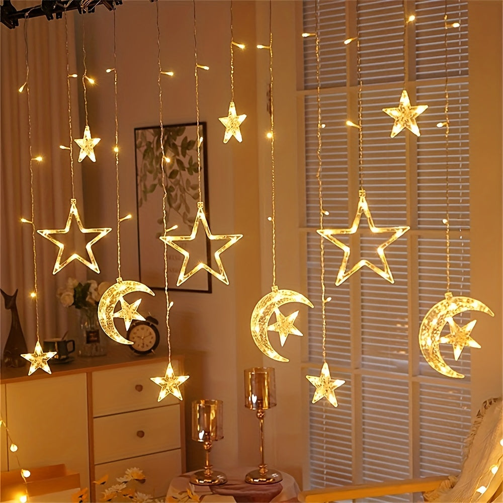 1 LED fairy curtain lights with stars and moon, perfect for Ramadan, weddings, birthdays, parties, and romantic settings - battery-free.