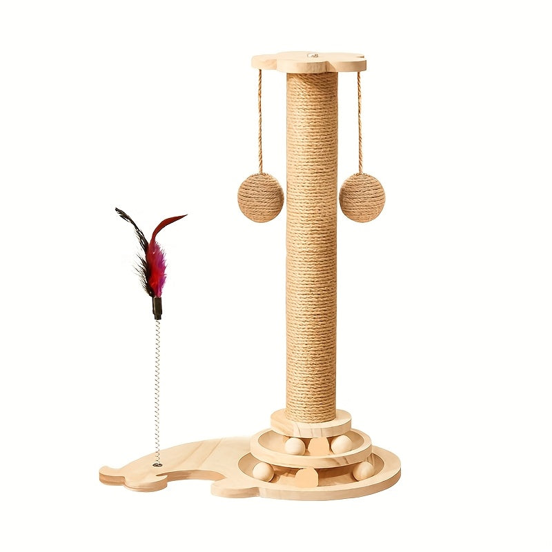 Interactive cat scratching post with rotating tassels and durable scratch board made of polyester fiber. Includes play balls and fully assembled for indoor cats.