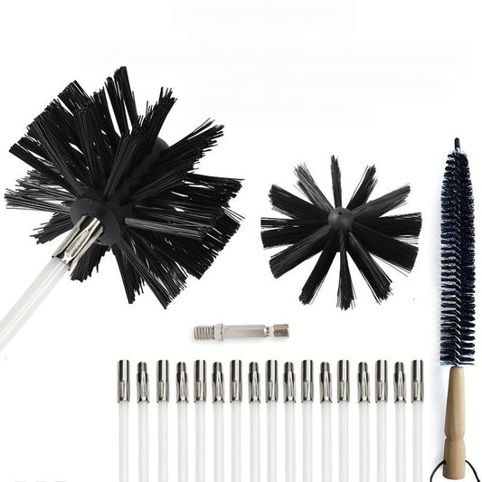 This kit includes a set of flexible 9/18 flexible rods for cleaning dryer vents and pipes, along with a 1/2 inch brush head cleaning brush and a dryer lint brush. It can also be used for cleaning fireplaces.