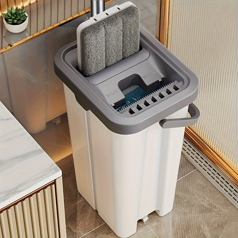 A compact cleaning kit featuring mops and buckets that are versatile and convenient for use. The bucket is seamless with a built-in handle and water storage system for ease of use. Ideal for various cleaning tasks in the living room, bathroom, kitchen