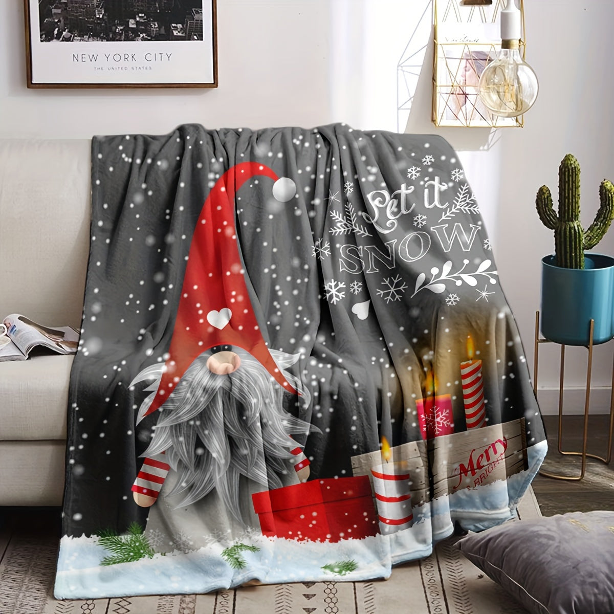 This cozy Christmas gnome print flannel blanket features a contemporary design and digital print. It is made of a lightweight knit fabric that is suitable for all seasons. Perfect for gifting, party decor, and home use. Please note that it is recommended