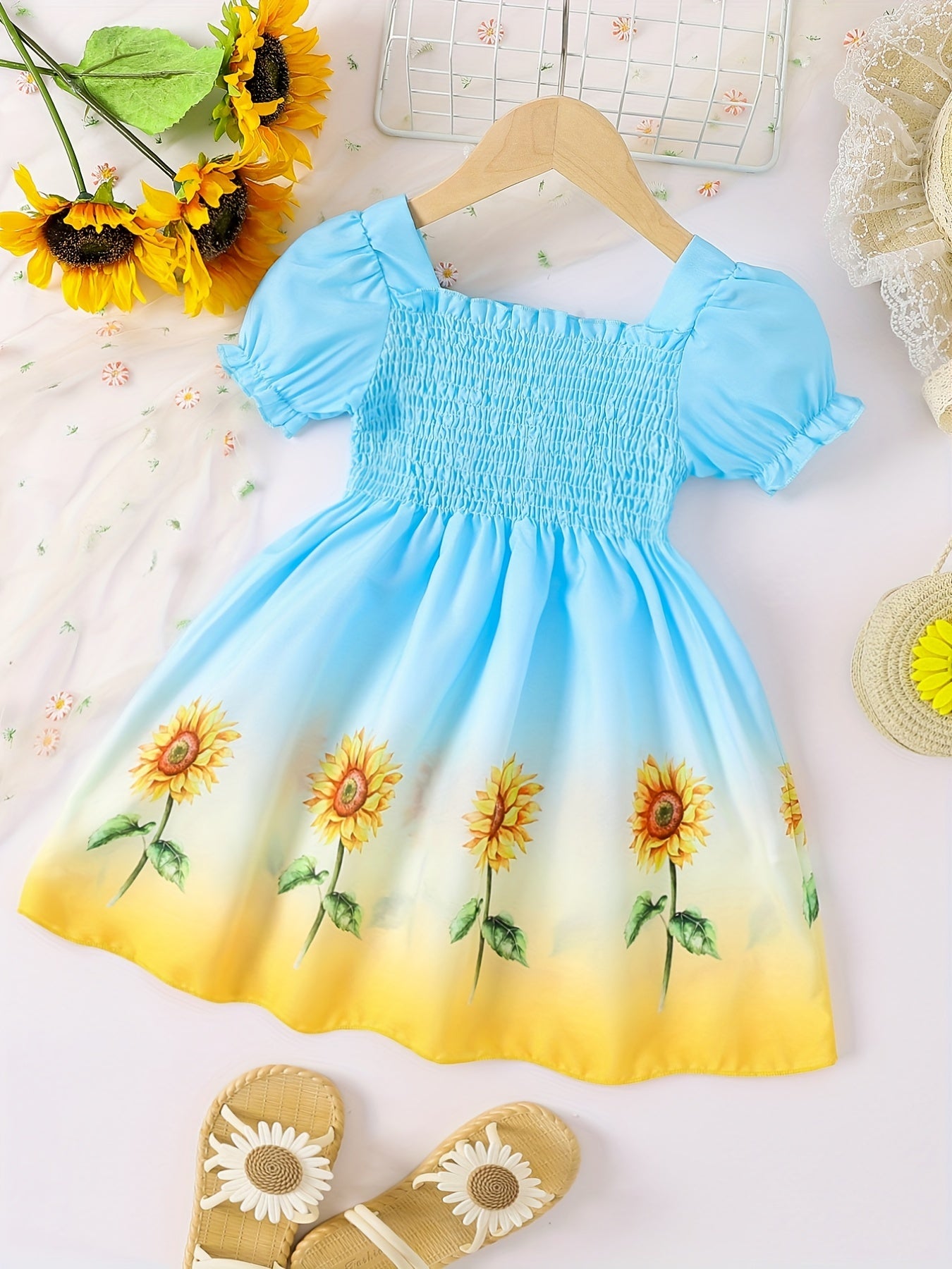 Girls Ombre Sunflower Pattern Princess Dress for Kids Casual Summer 4th Of July.