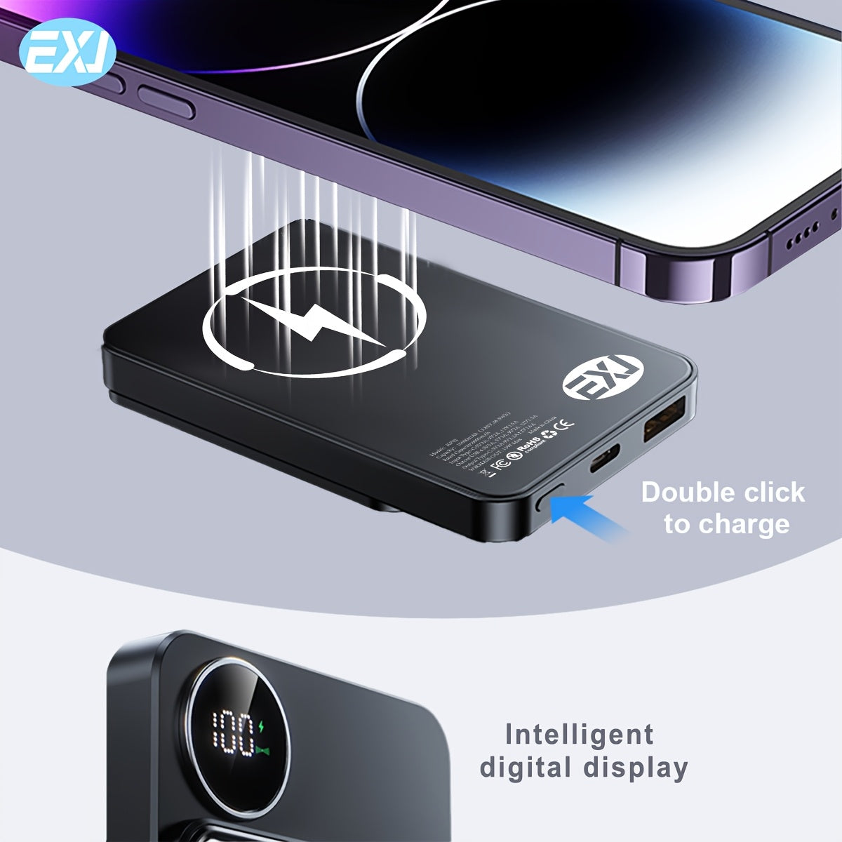 EXJ-PD 22.5W Magnetic Power Bank with USB-C cable, LED display, Mag-Safe, and PD fast charging for iPhone 16/15/14/13/12 models.