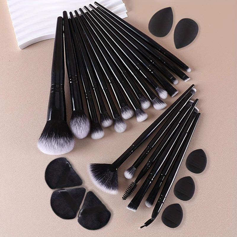 28pc Makeup Brush Set with various brushes for face and eyes, includes beauty sponges and puffs, suitable for all skin types.