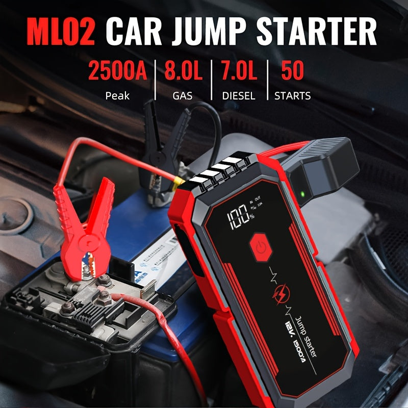 2500A Portable Car Jump Starter with fast charging, LED light, USB QC3.0, suitable for up to 8L gas & 7L diesel engines, and lithium polymer battery.