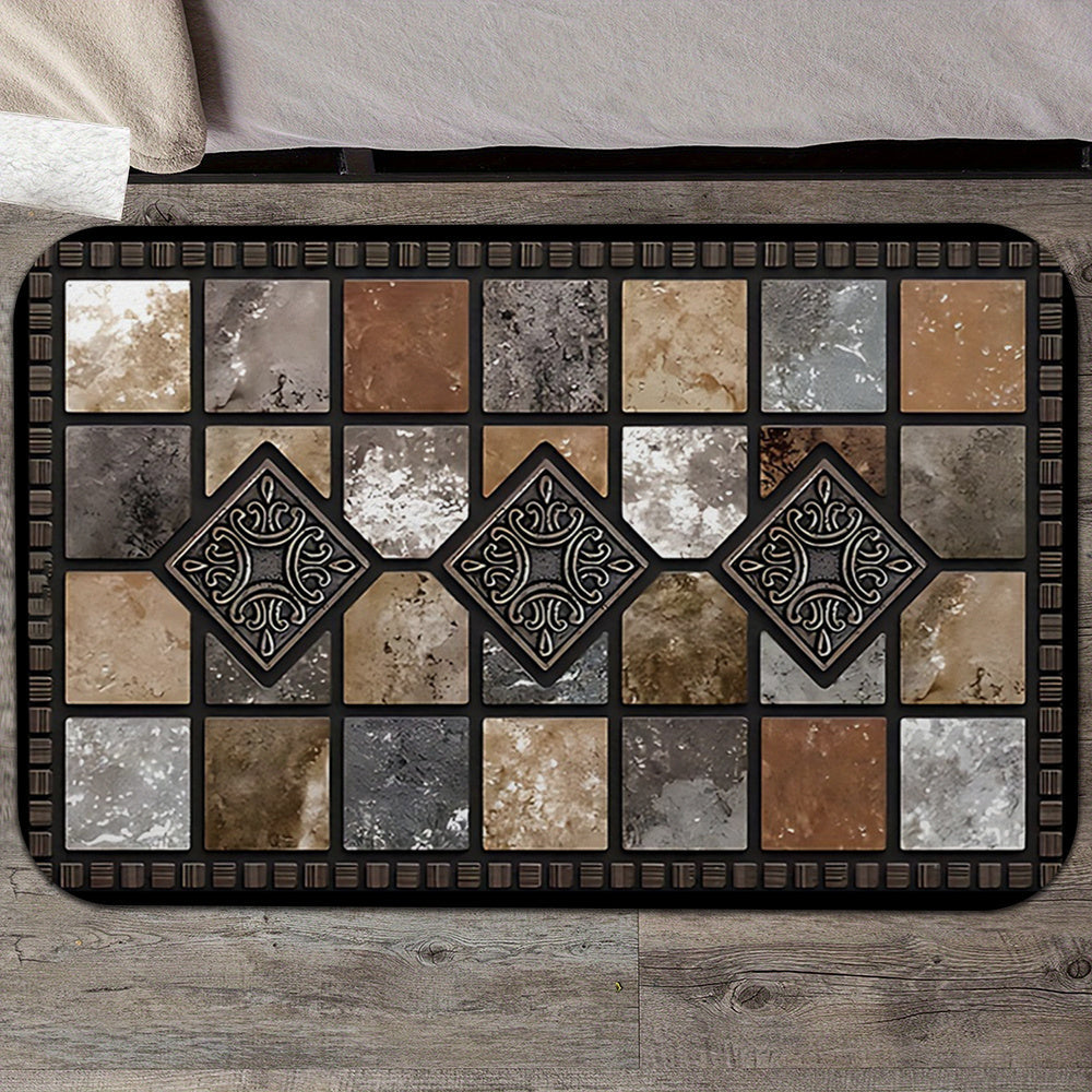 Welcome guests with this durable, non-slip washable polyester fiber doormat featuring a redstone and tile pattern. Perfect for entryways, gardens, and living spaces, this machine washable rug comes in multiple sizes to suit your needs. Add a farmhouse