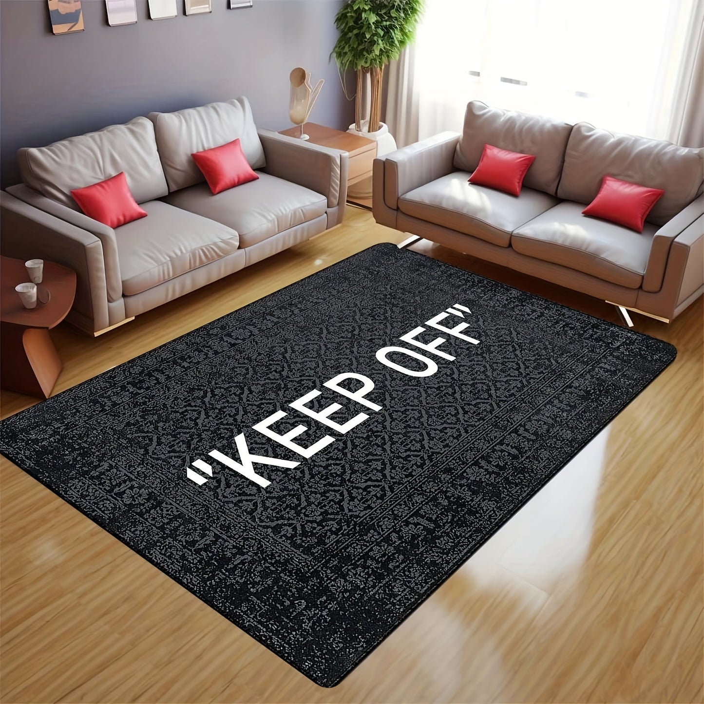 One piece of a black printed soft area rug with the message "Keep Off" - designed for living room and kitchen decor. This non-slip, stain-resistant floor mat has a thickness of 480g/m².