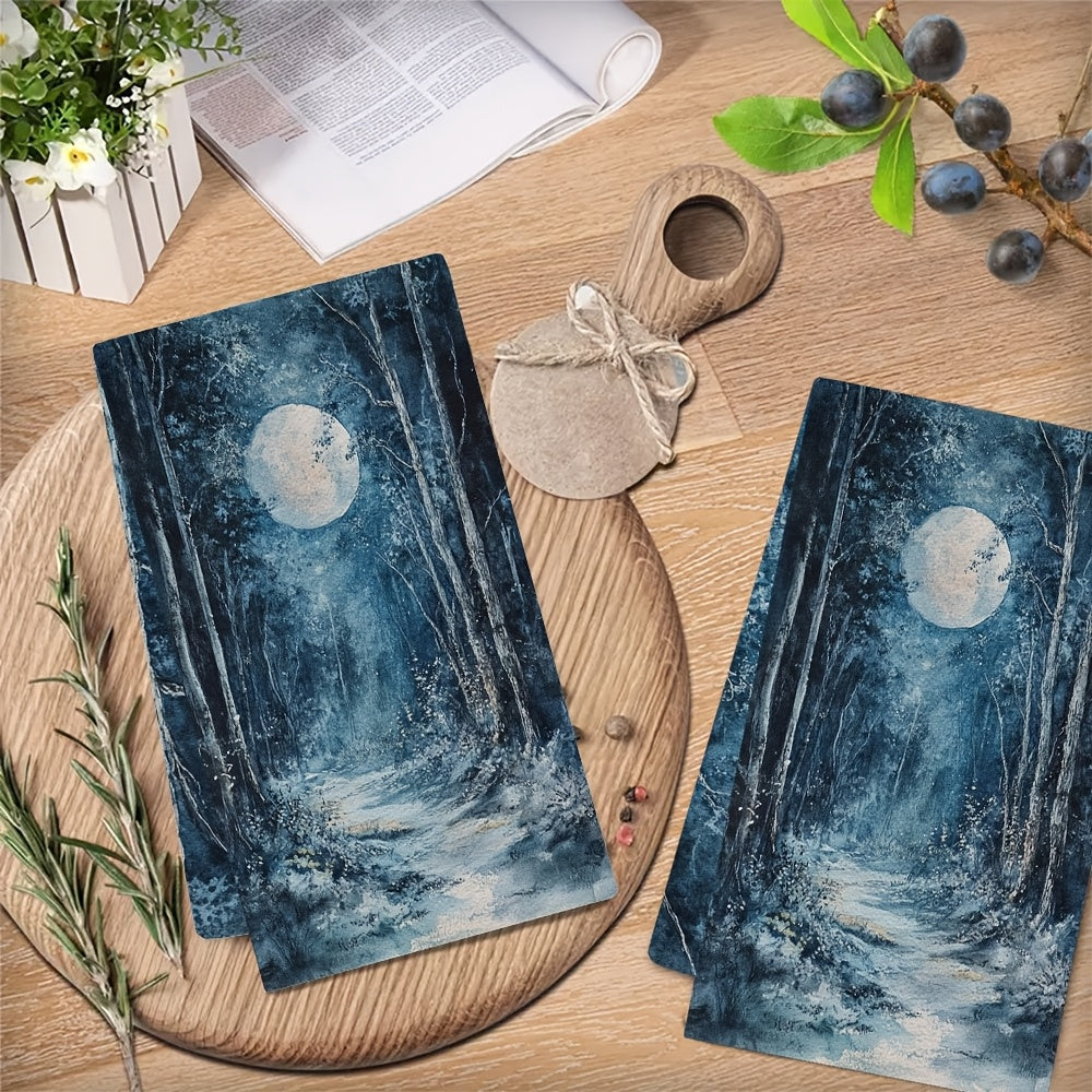 Enchanting Moonlit Grove Kitchen Towels Set of 2 - Made of Ultra Soft and Highly Absorbent Polyester Material, Machine Washable, 40.64x60.96 cm - Perfect for Holiday Decor and Everyday Use in the Kitchen