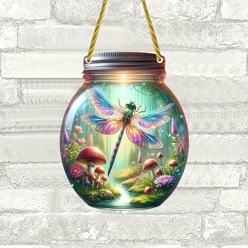 One whimsical WhimsyWoods acrylic suncatcher featuring a dragonfly and mushroom eco-bottle theme. Perfect for adding charm to your home or garden decor. Can also be used as a farmhouse Thanksgiving wreath hanging ornament. Makes a festive gift for both