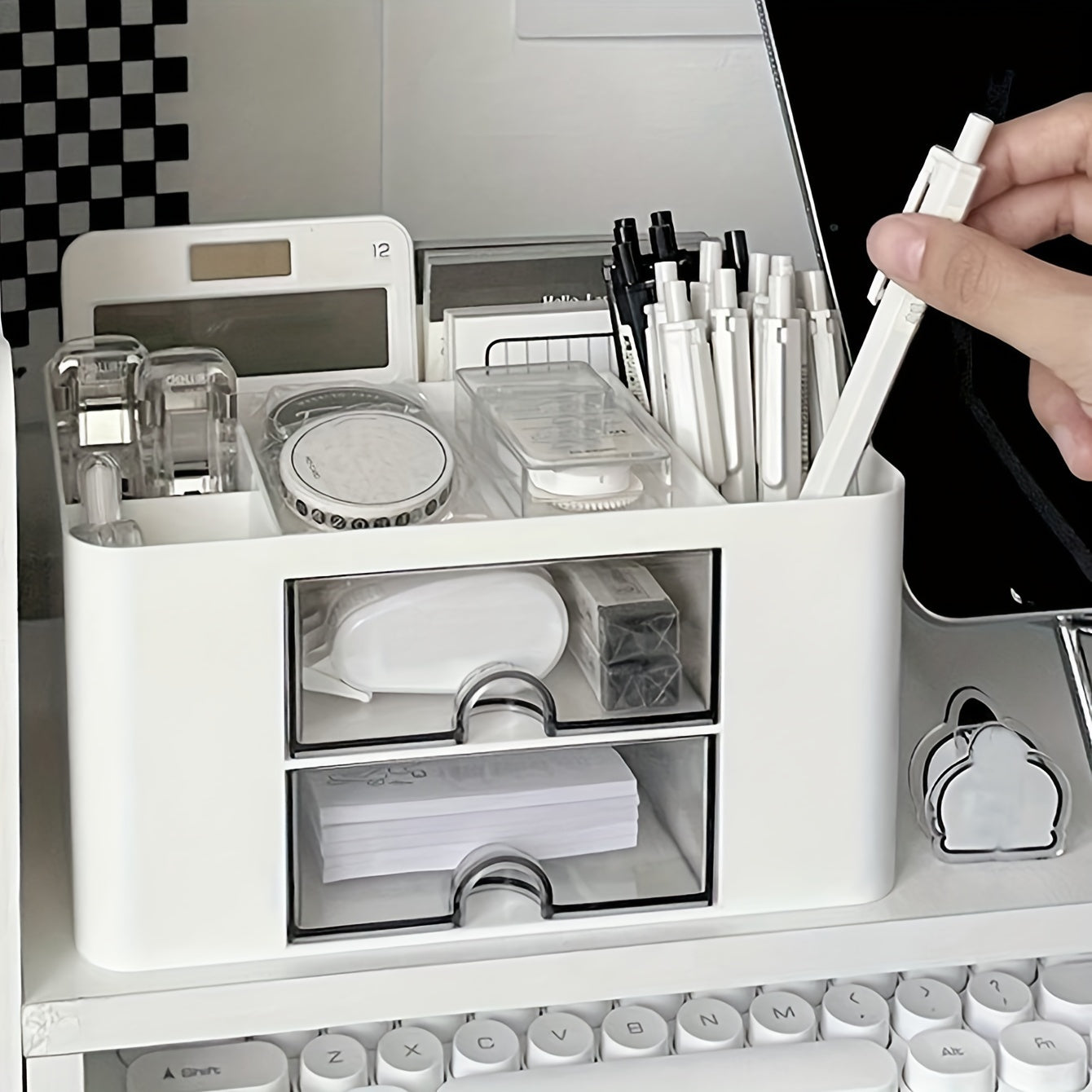 Desktop storage with drawer and pen holder, high-capacity and aesthetic, perfect for student stationery organization.