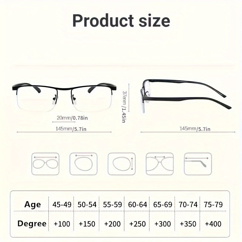 1 pair of progressive multi-focus reading glasses with semi-frame rectangular design for both men and women. Available in 3 colors with a mirror case.