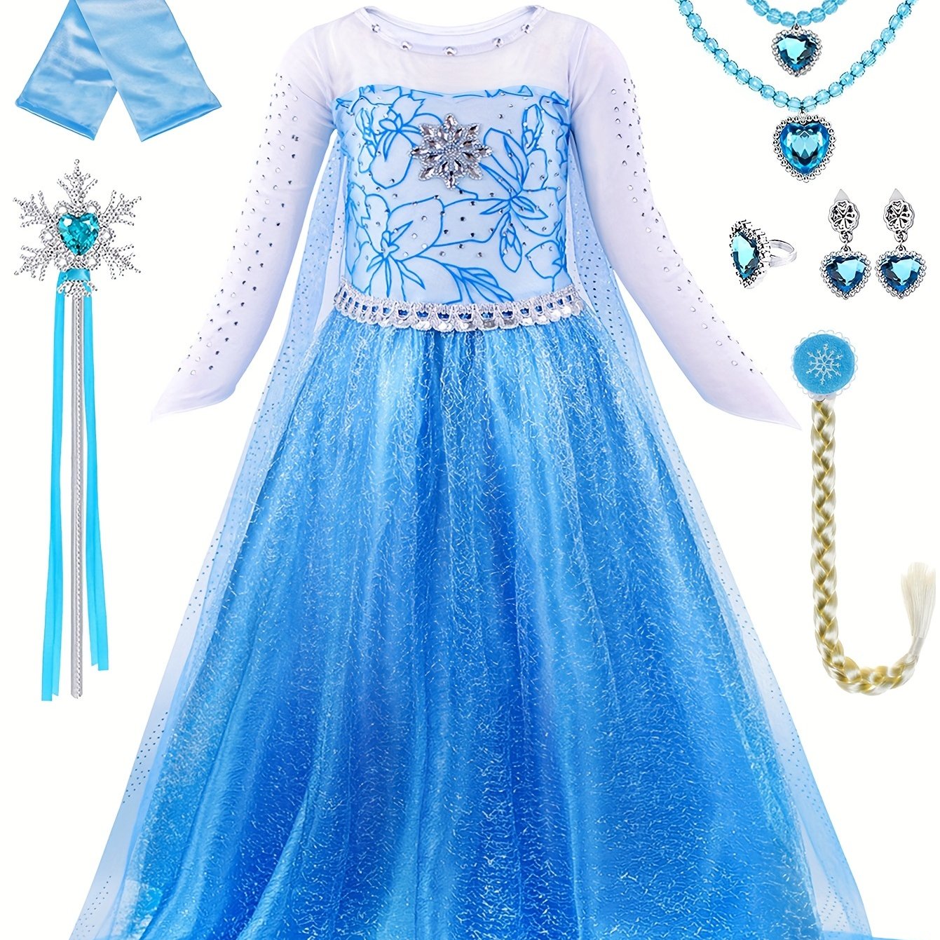 Girl's Elsa Queen costume with accessories for cosplay and birthday parties.