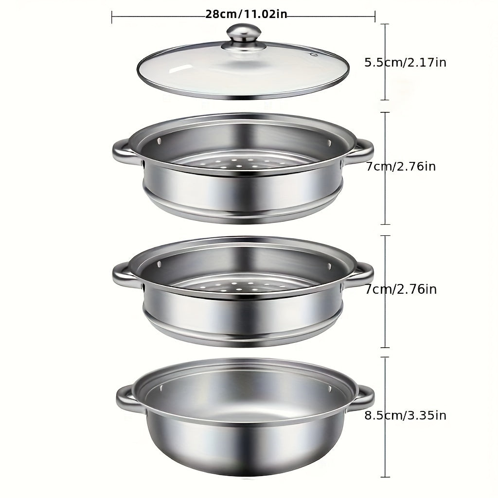 High-Quality Stainless Steel Double-Layer Steamer Set with Glass Lid - Large Size and Heavy-Duty Construction for Superior Cooking Performance