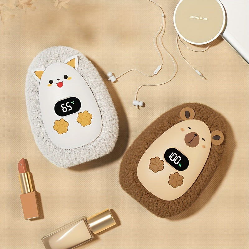 Cute Cartoon Design Portable Hand Warmer with Fluffy Cover, Rechargeable via USB, 1200mAh Lithium Battery, 3W Round Plastic Electric Space Heater, Quickly Heats up in 5 Seconds