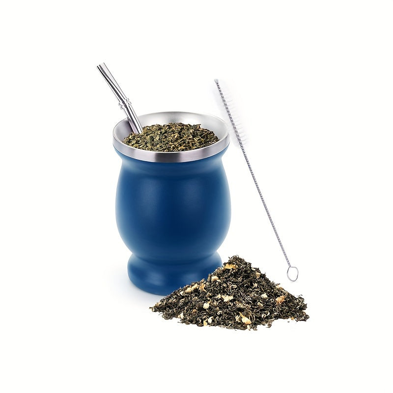 8oz stainless steel Yerba Mate cup and bombilla set, includes brush and straw. Perfect for enjoying Yerba Mate at home or on the go. Ideal birthday gift.