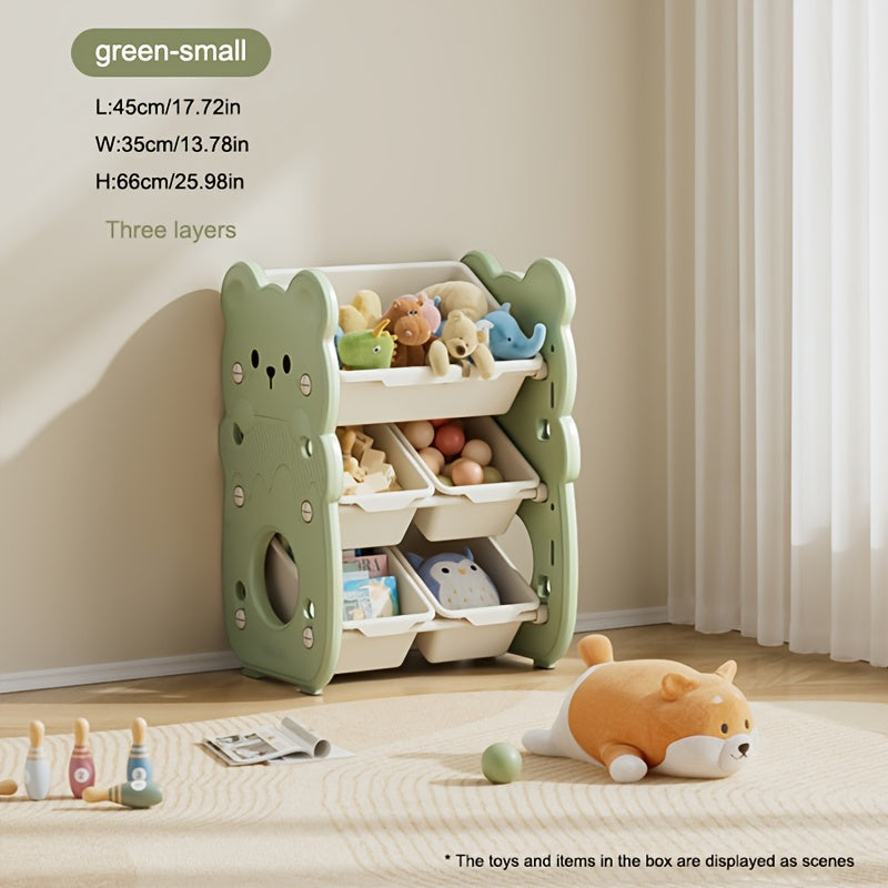 3-tier storage organizer with bins for toys, books, and clothes. Ideal for playroom and bedroom.