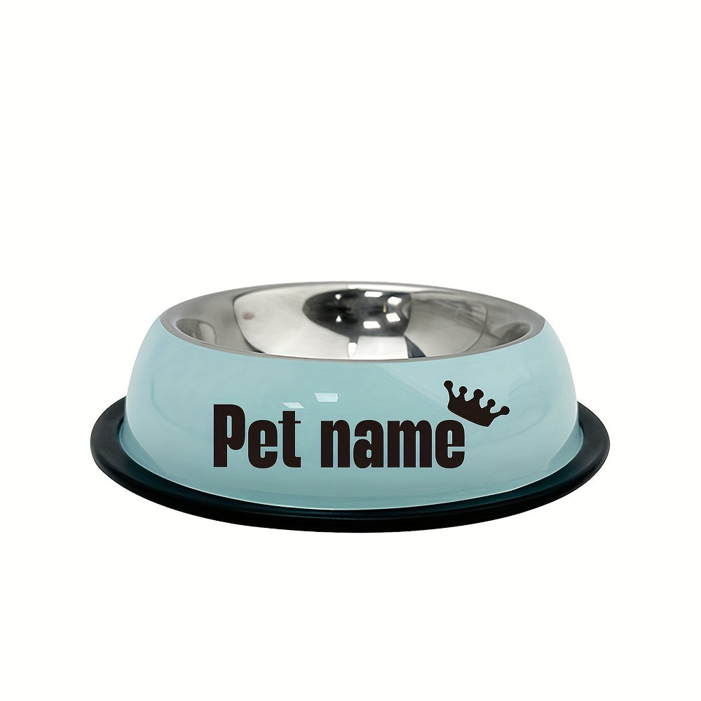 Custom stainless steel dog bowl with non-slip base for small, medium, and large dogs. Personalize with pet's name for food and water.