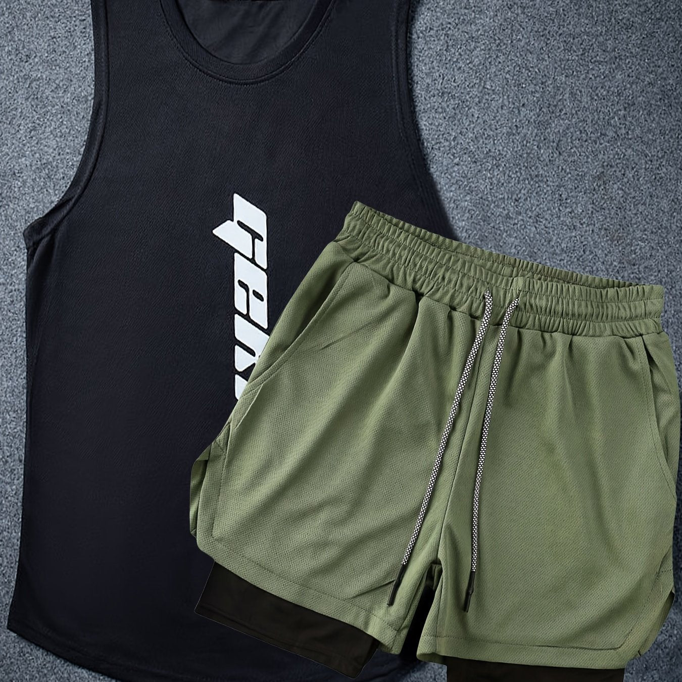 Men's 2-piece basketball outfits with letter print, casual graphic tank top and loose drawstring 2-in-1 shorts set.