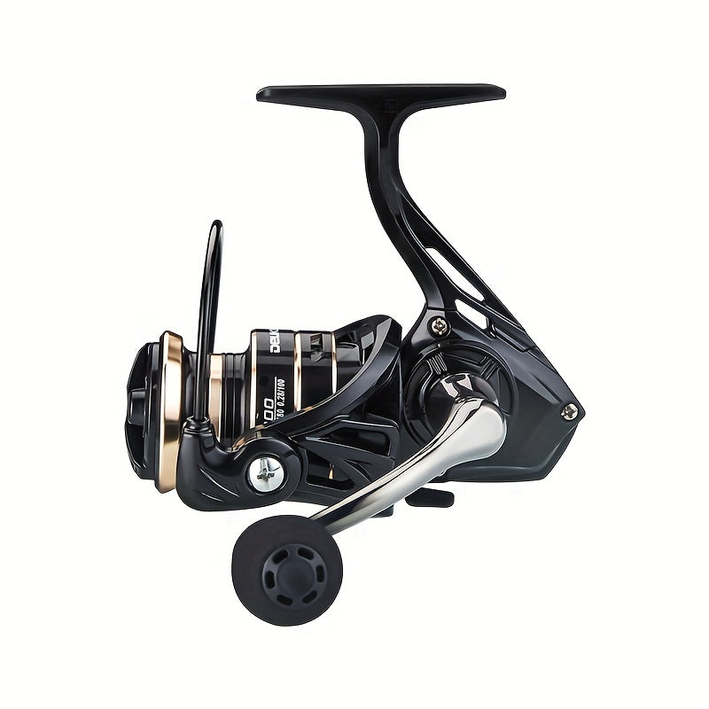 DEUKIO Ambidextrous Spinning Fishing Reel in black with 5.2:1 gear ratio and durable metal construction, suitable for both freshwater and saltwater angling.