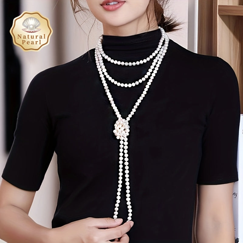 Elegant Multi-Layer Sweater Chain: MUFAN Vintage Natural Freshwater Pearl Necklace for Women, 6-8mm, 200cm Long Strand, June Birthstone, No Plating, Perfect for Daily Wear and Special Occasions. Comes in a Gift Box.