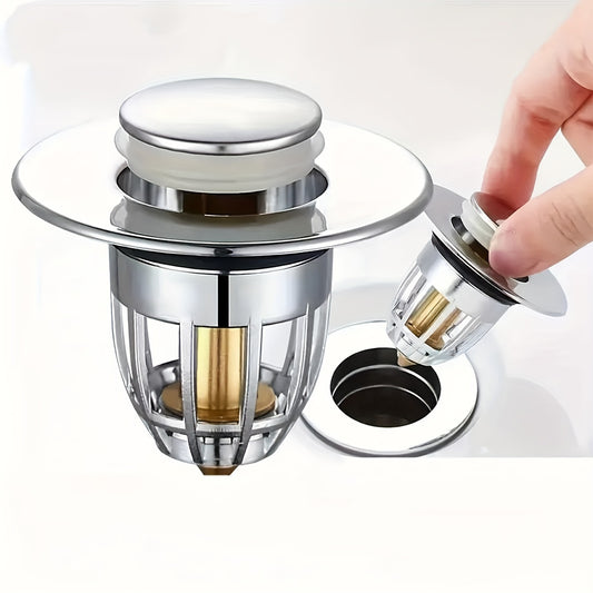 Universal bathroom sink stopper with anti-odor copper core, pop-up design, press type drain stopper, and hair catcher.