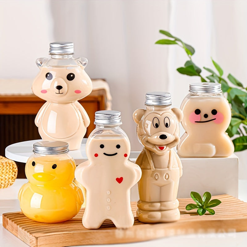 1 piece or 4 pieces of 500ml Milk Tea Juice Bottles Beverage PET Water Bottle featuring Bear and Tiger designs. These disposable takeaway coffee bottles come with lids.