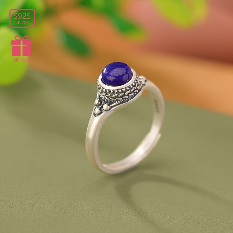 Approximately 3 grams of 925 Sterling Silver Blue Chalcedony Golden Stone Retro Wheat Pattern Round Ring, perfect for gifting to loved ones and suitable for everyday wear. Directed by Qing Anjing.