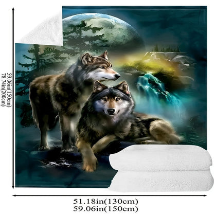 Stylish Glam Wolf Moon Green Plush Throw Blanket, Soft Hypoallergenic Fleece with Wolf Theme Décor, Made from Knitted Polyester, Requires Dry Cleaning, Versatile All-Season Throw with Special Decorative Details