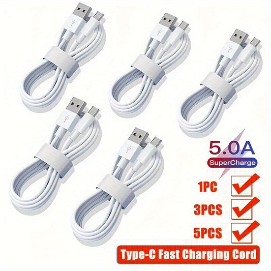 1pc/3pcs/5pcs 5A USB-C Fast Charging & Data Cable for various phone brands - Durable cord with power bank compatibility, 66W Max.