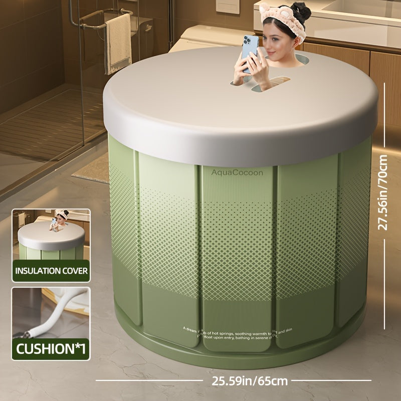 Foldable bathtub with drainage, hot & cold water, spill-proof design for home bathrooms.