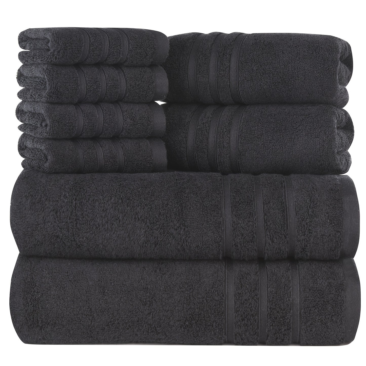 A set of 8 soft, premium cotton towels in various sizes, quick drying and fluffy, in multicolor. Includes 2 bath towels, 2 hand towels, and 4 washcloths. Perfect bathroom accessories.