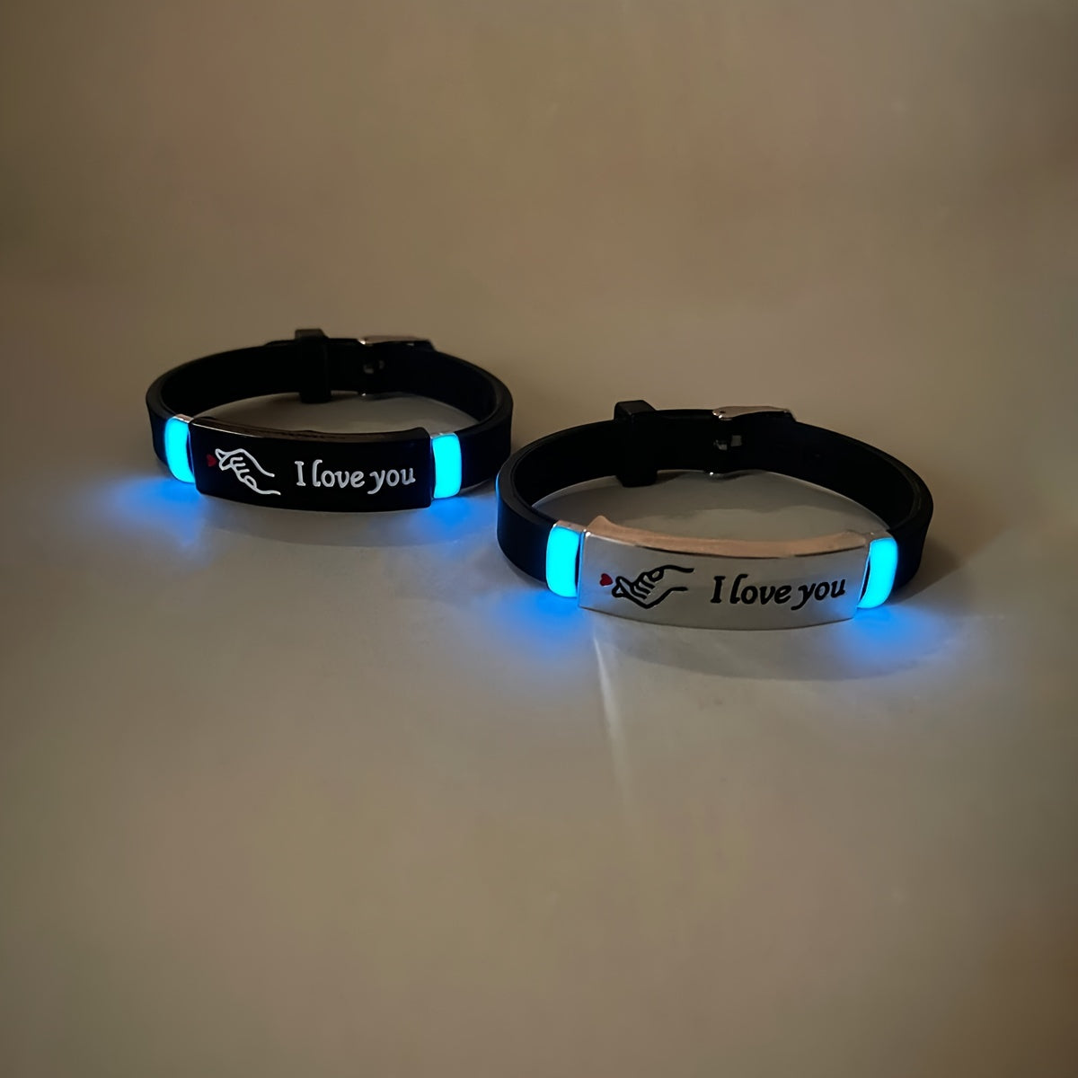 Pair of 2 Glow-in-the-Dark Silicone Couple Bracelets Featuring Hand Heart Gesture