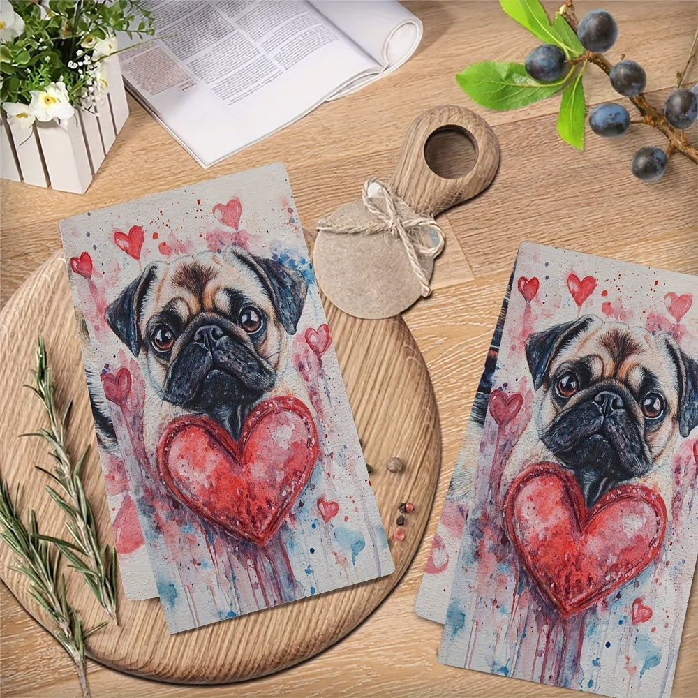 Set of 2 Ultra Plush Kitchen Towels - Adorable Valentine's Day Pug and Heart Pattern, Super Absorbent & Easy to Clean Dish Hand Towels, 16x24 inches, Ideal for Festive Home Decor and Drying Dishes