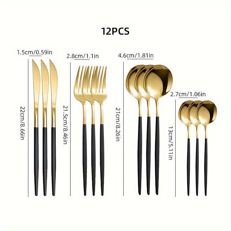 Sleek stainless steel flatware set with a black and golden finish, including knives, forks, and spoons for home, kitchen, or restaurant use. Durable and stylish tableware with varnished craftsmanship, perfect for special occasions like Christmas