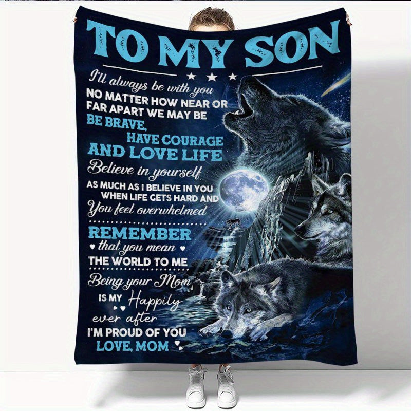 Soft and cozy wolf printed flannel blanket, specially designed by mom for her son. Perfect for snuggling up on the couch, bed, or even while camping. Makes a thoughtful and practical gift for your son.