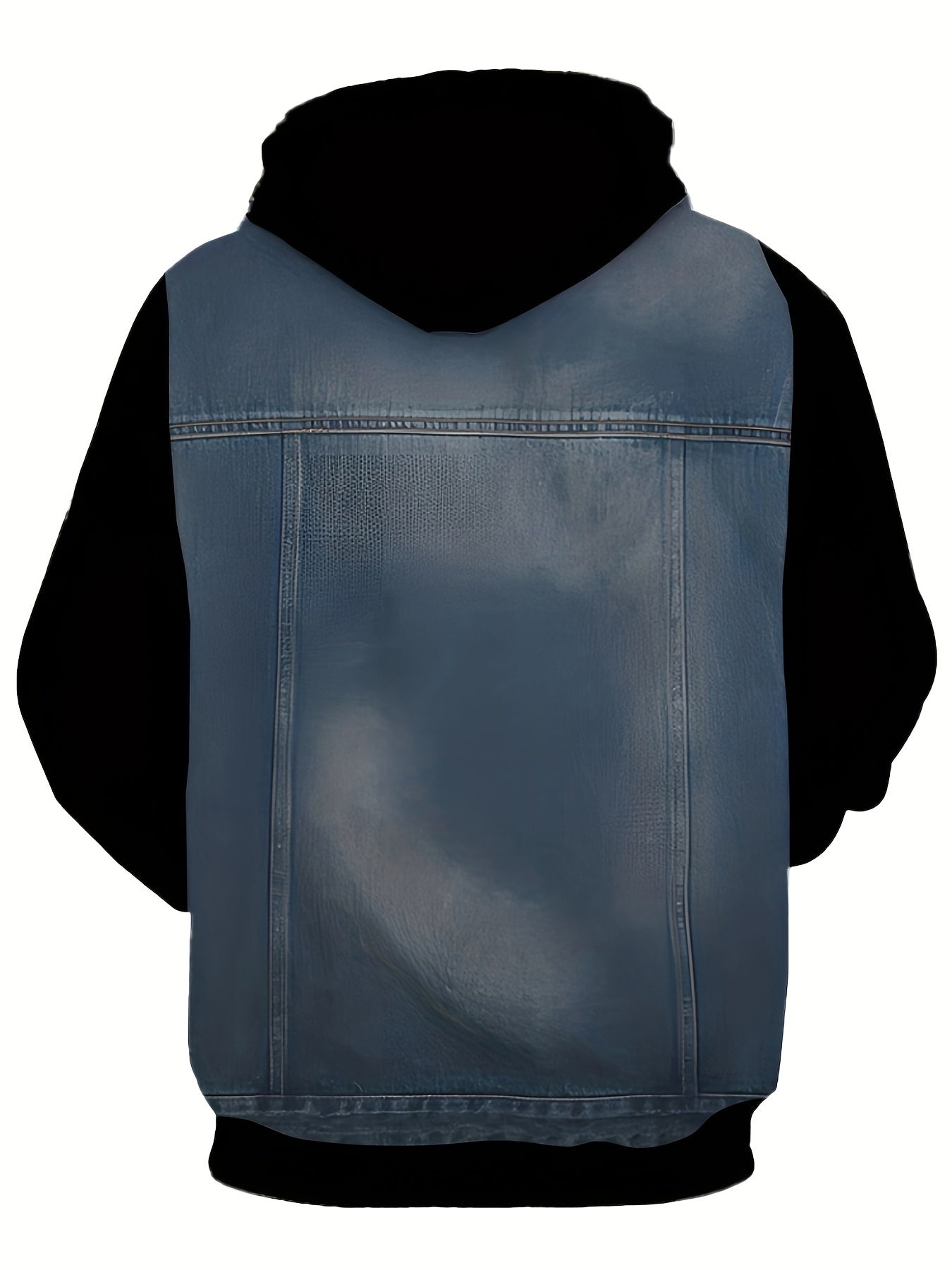 Men's plus size hoodie in polyester knit with medium stretch, regular fit, denim print, and pocket detail.