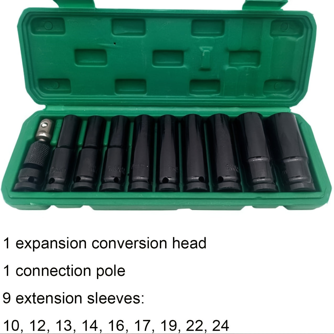 11 piece 1/2in. Impact Power Wrench Socket Adapter Set with 10-24mm sockets, made of carbon steel and includes a portable storage case.