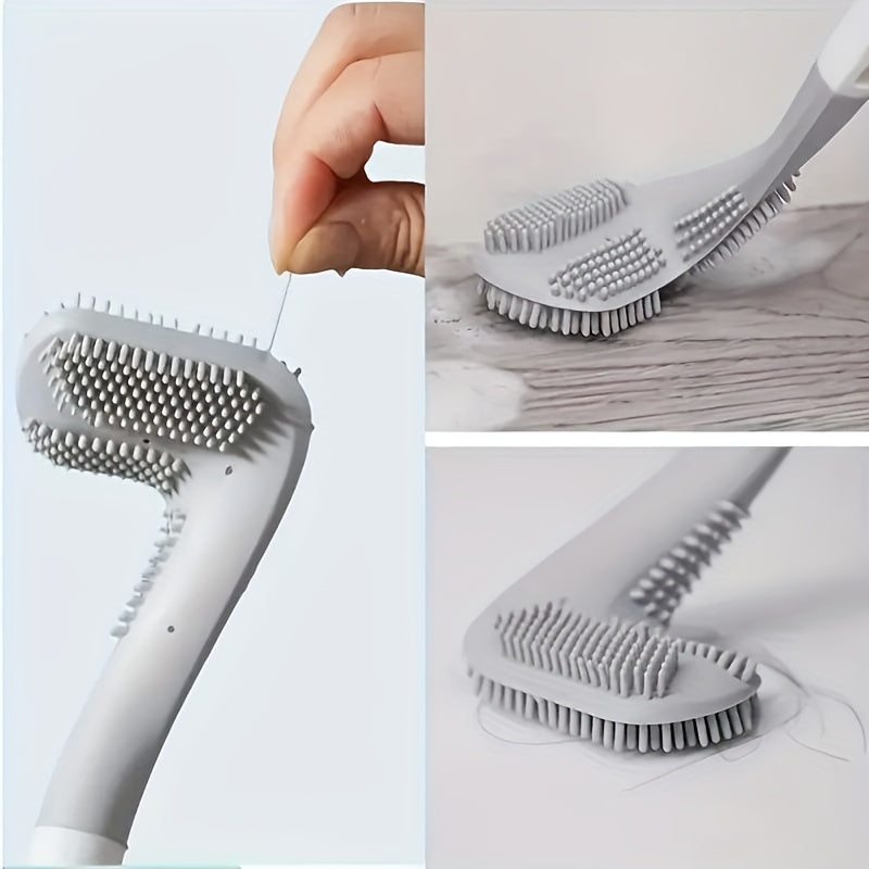 Rotating silicone toilet brush with long handle, wall mount design. Medium firmness, portable and does not require electricity.