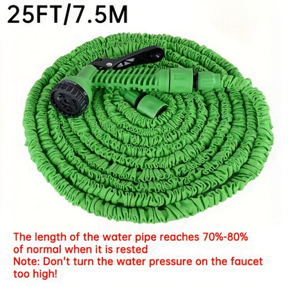 Magic Retractable Garden Hose with High Pressure and Multi-Function capabilities, includes extendable nozzle, rubber material, connectors, cleaning tool, and dust removal. Comes in