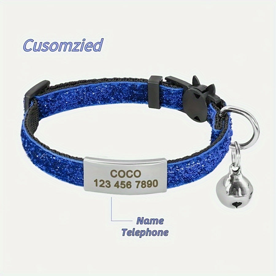 Personalized cat collar with bell, custom engraved ID tag, adjustable anti-suffocation design, suitable for kittens and puppies.