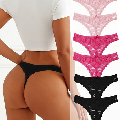 Six elegant floral lace women's thongs in black, pink, and white, with a sexy low-rise, stretch fit. Made from a breathable nylon blend with delicate lace detailing.