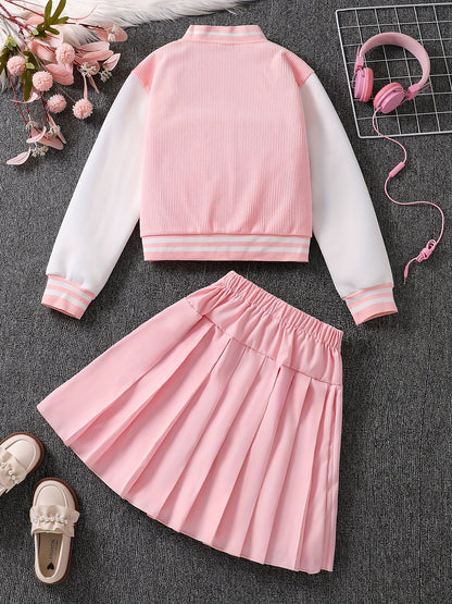 Set of 2 includes a baseball jacket with embroidered letters and a pleated skirt.