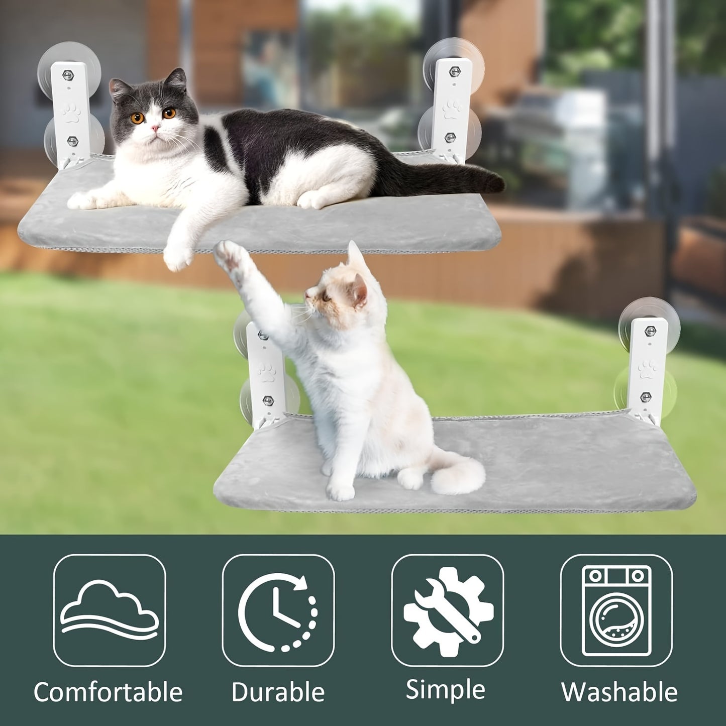 Foldable cat window perch hammock with steel frame and suction cups - reversible and easy-to-assemble indoor cat bed for sunbathing and birdwatching in grey.