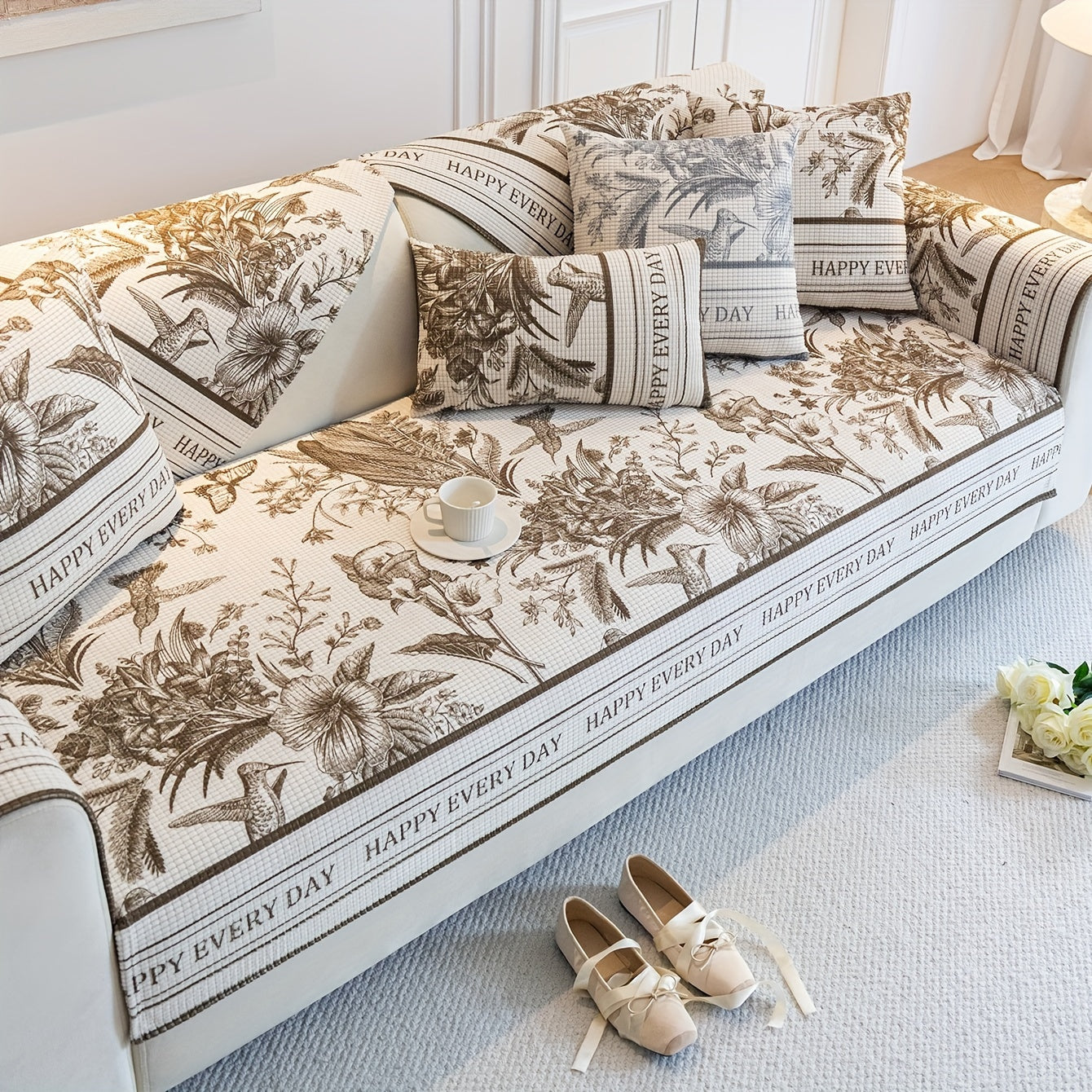 French vintage sofa cover with pet-friendly, machine washable, short plush jacquard design suitable for all seasons.