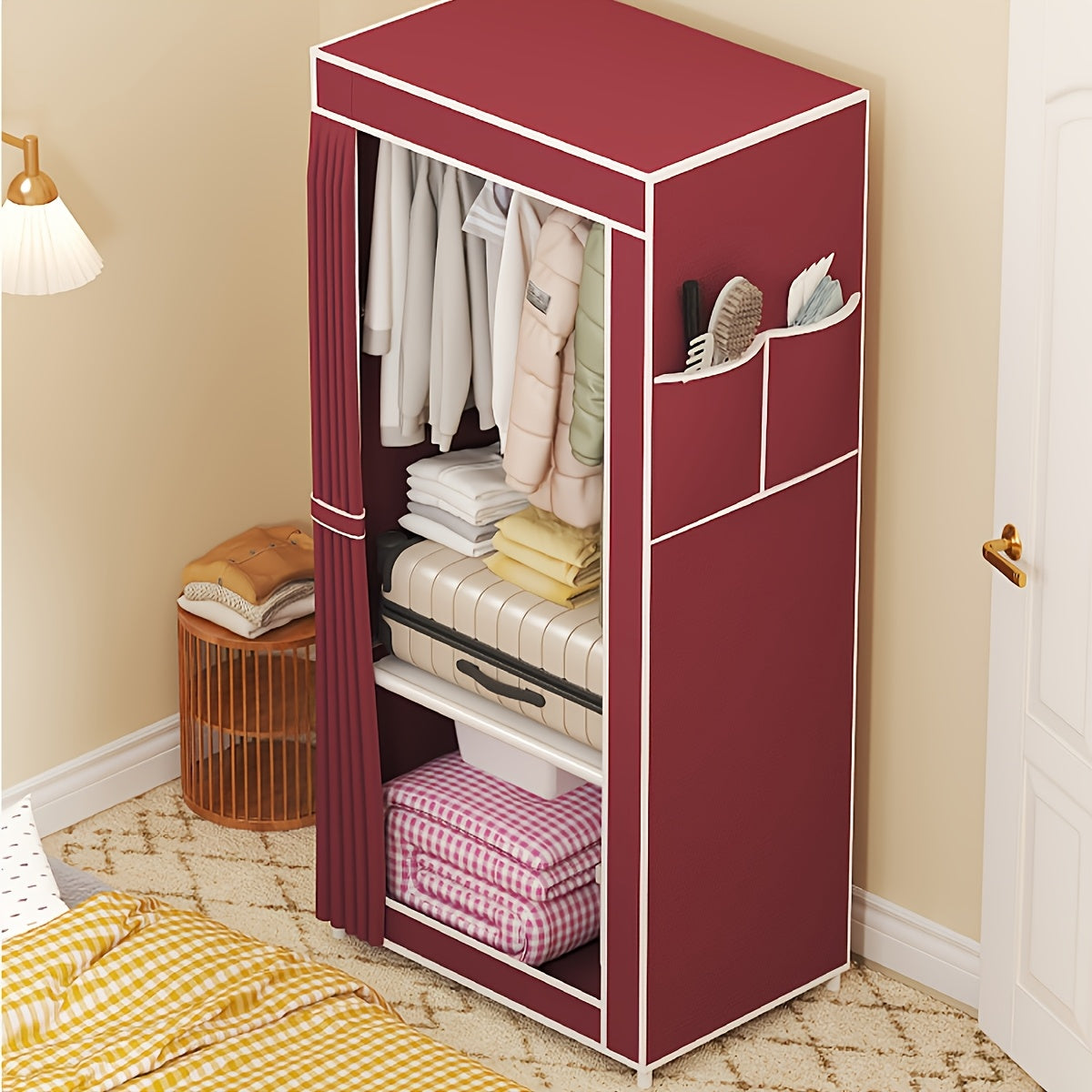 Compact metal wardrobe with over 3.2 cu. ft. capacity for easy assembly and space-saving storage in bedroom, home, or dorm.